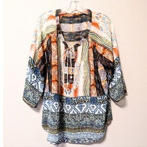 Boho Printed Split-Neck Women's Top in Multicolor L/XL